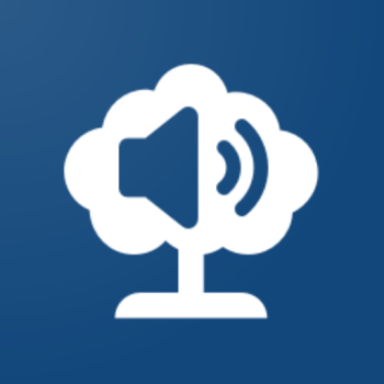 A blue background with a white tree and a blue speaker icon.