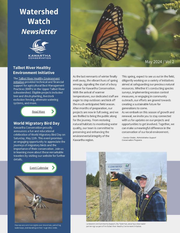 The front page of the Watershed Watch Newsletter with a butterfly