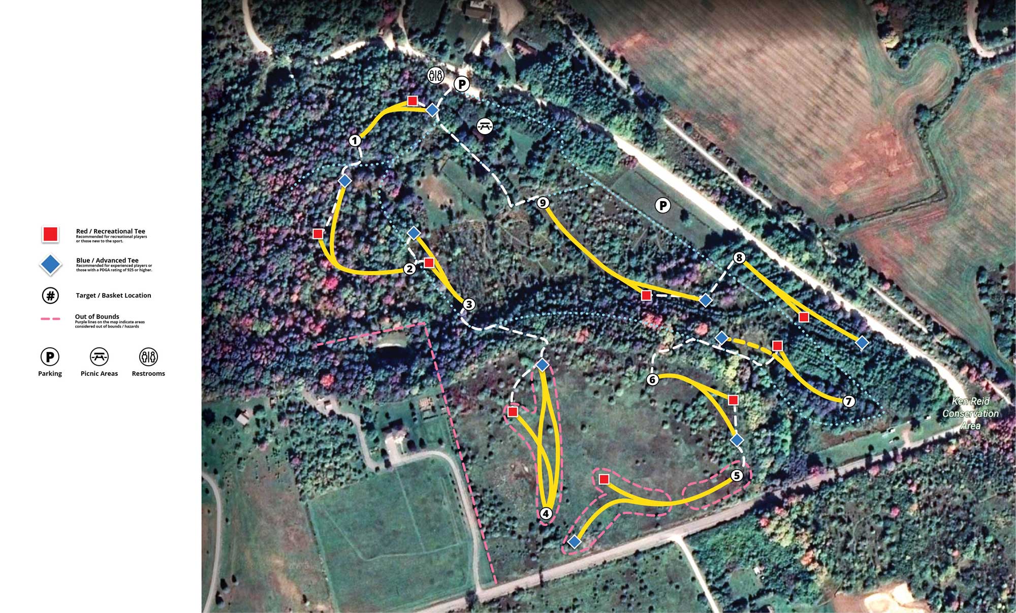 Map of the 9-hole disc golf layout at Ken Reid Conservation Area