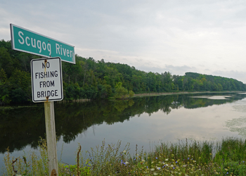 A sign for the Scugog River located in front of the river in the summer
