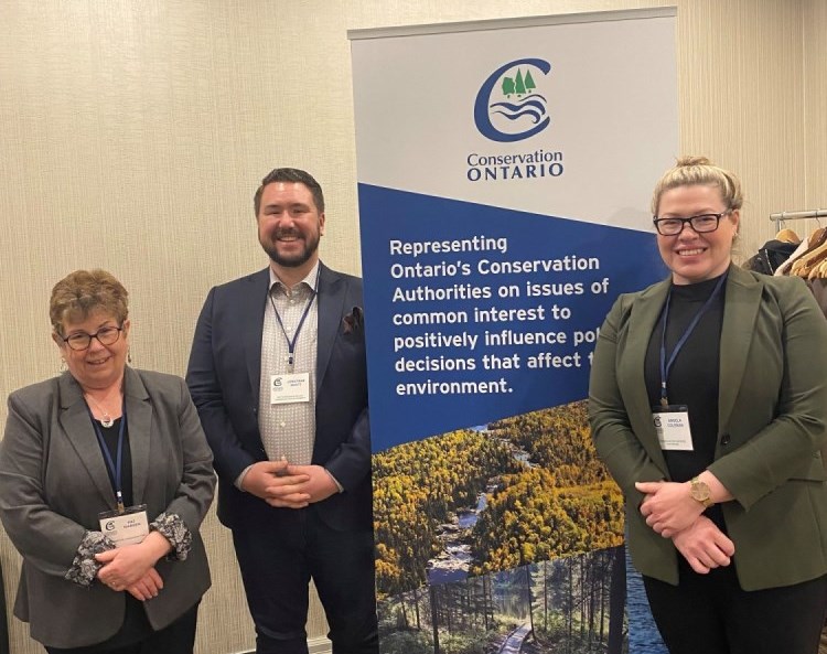 Kawartha Conservation Chair Pat Warren, Left, Jonathan Scott, Vice Chair of Nottawasaga Valley Conservation Authority, middle, and Angela Coleman, General Manager of Conservation Ontario, right.