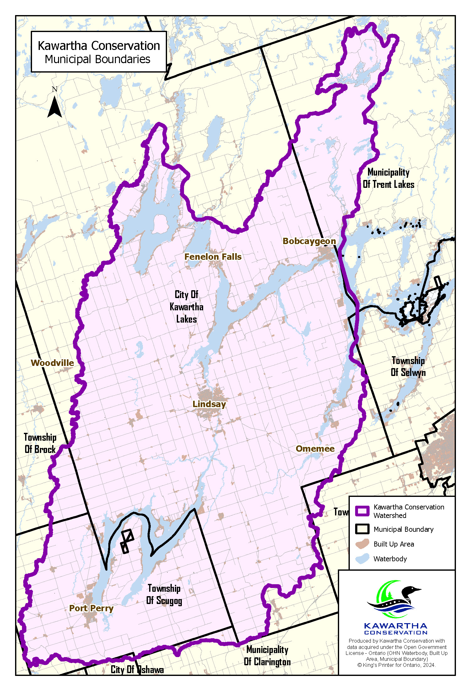 A map showing Kawartha Conservation's watershed boundary, as well as the municipal boundary in the dark black lines.